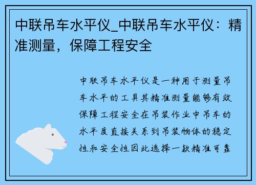 中联吊车水平仪_中联吊车水平仪：精准测量，保障工程安全