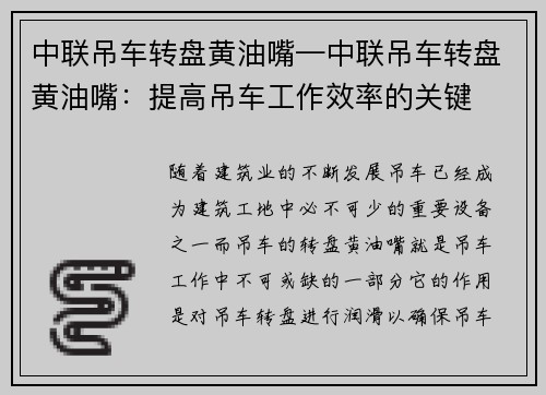 中联吊车转盘黄油嘴—中联吊车转盘黄油嘴：提高吊车工作效率的关键